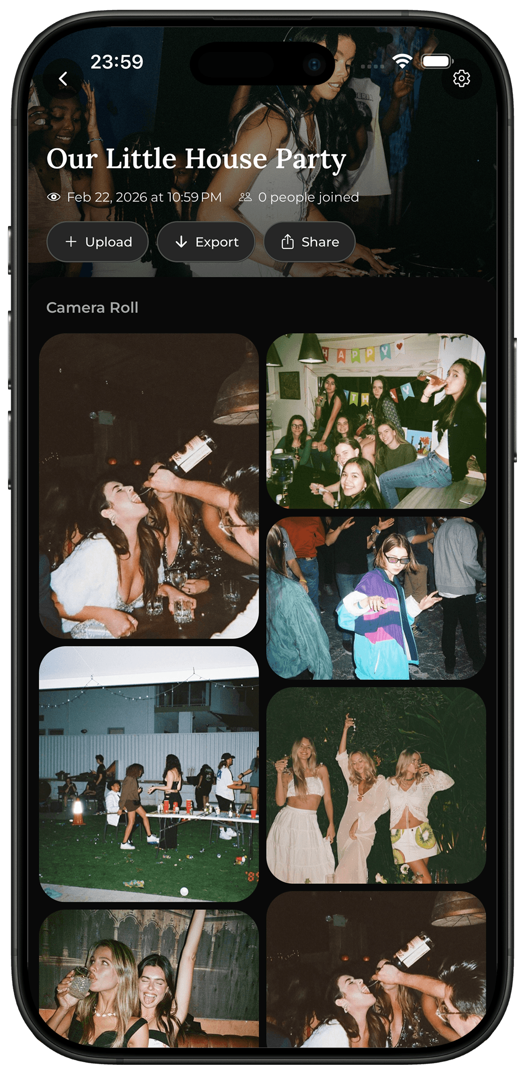 OnceRoll home screen with saved shared event galleries